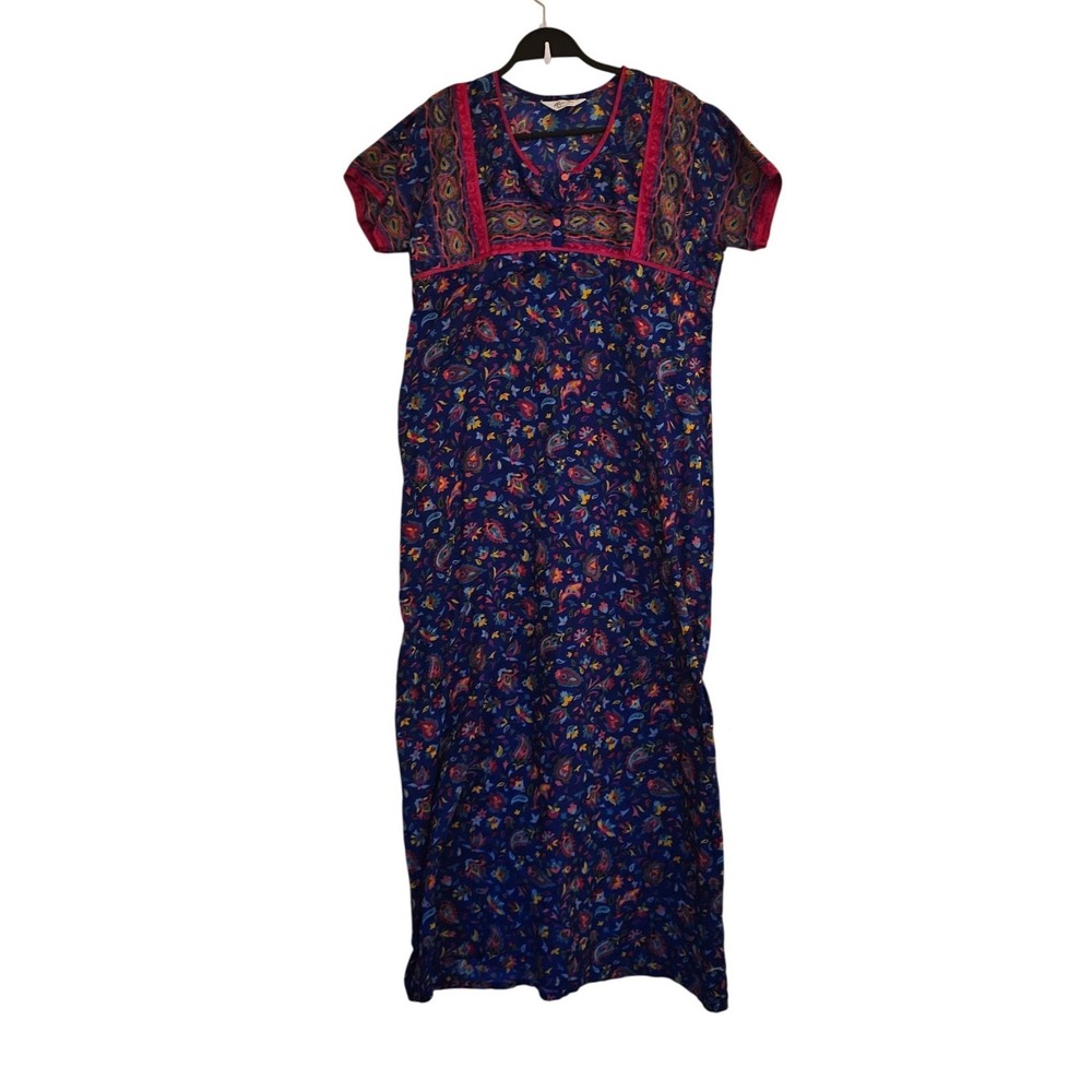 Secret of Comfort Blue Paisley Floral Maxi Lounger Dress Muumuu Vintage‎ Style